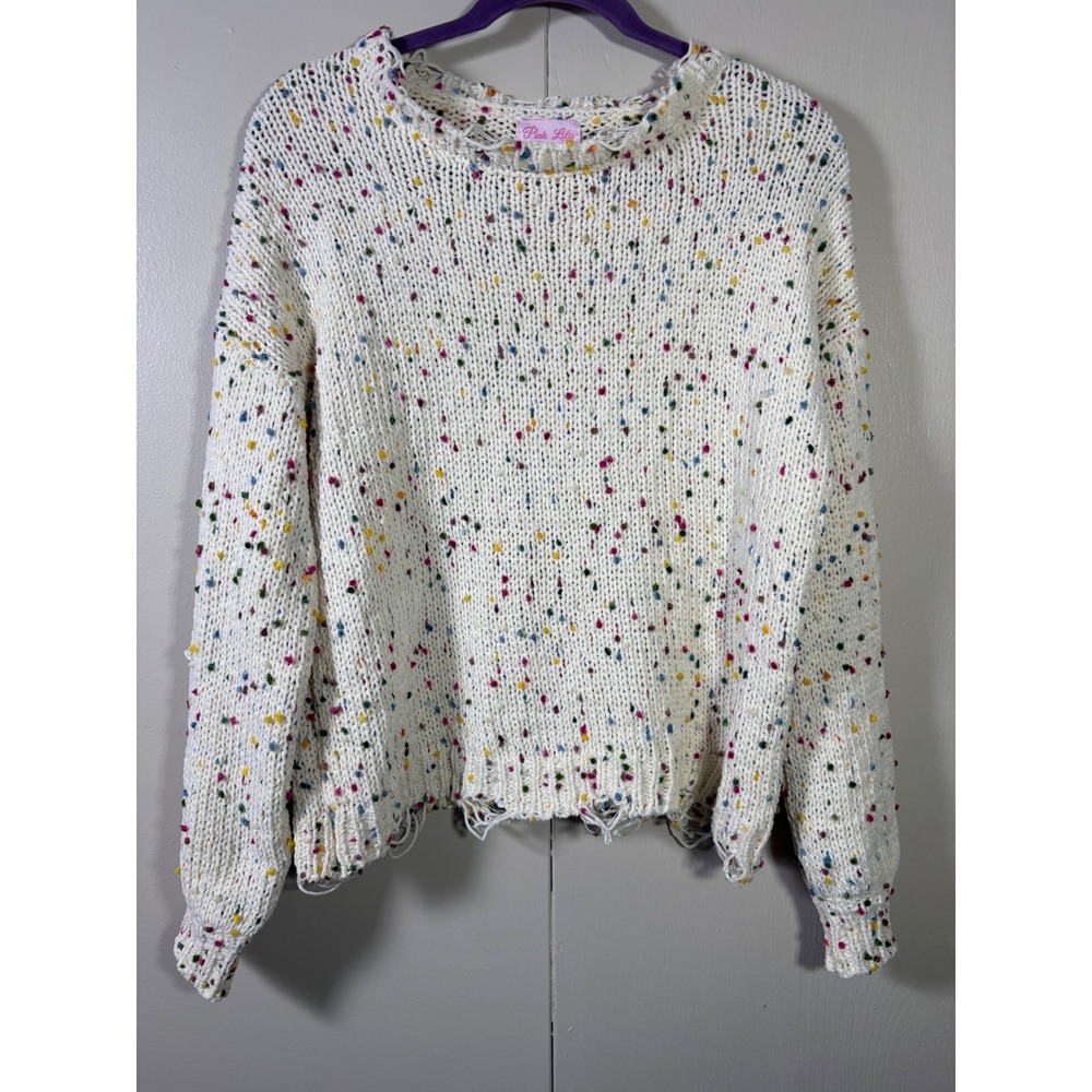 Pink Lily Confetti Knit Distressed Sweater Cream M Whimsical Kidcore Indie